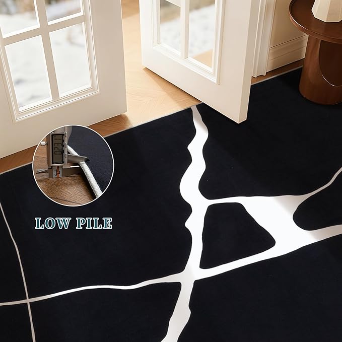 YIHOUSE Abstract Washable Rug 6x9,Ultra Thin Non Slip Black Rugs for Living Room,Modern Minimalist White Stripe Rugs for Bedroom,Dining Room Office Playroom (6'x9',Black-1)