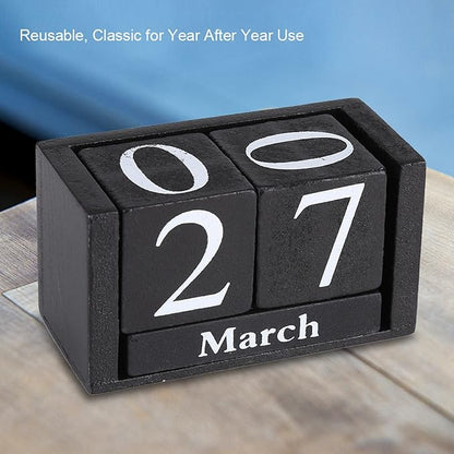 Wood Blocks Calendar, Wooden Desk Perpetual Calendar Vintage Month Date Number Display Cubes Wood Black Rustic Cute Decoration Calendar for Home Desktop Room Office Farmhouse