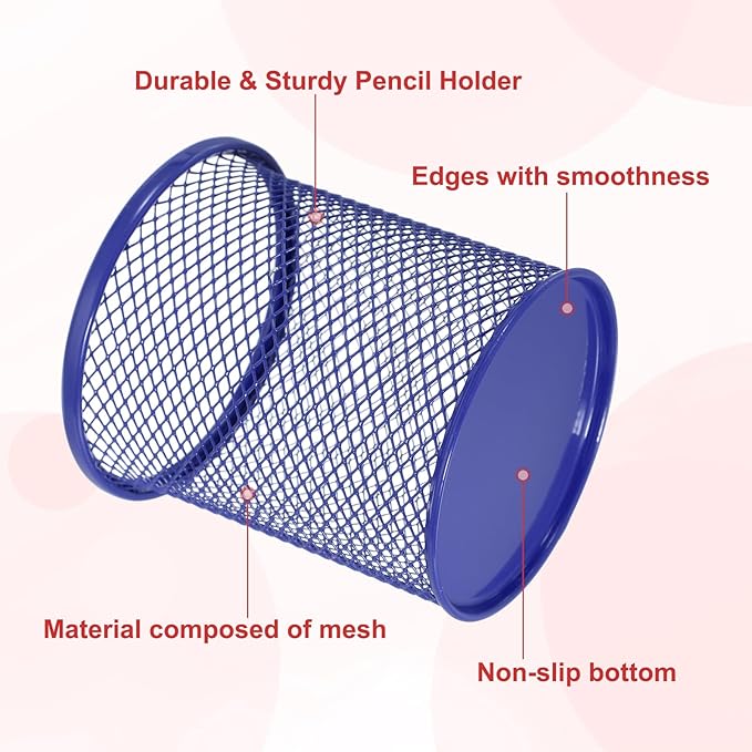 uxcell 2Pcs Mesh Pencil Holder, Metal Pen Cup Desk Organizer Makeup Brush Cup Holder for Home, Office, Classroom(Blue)