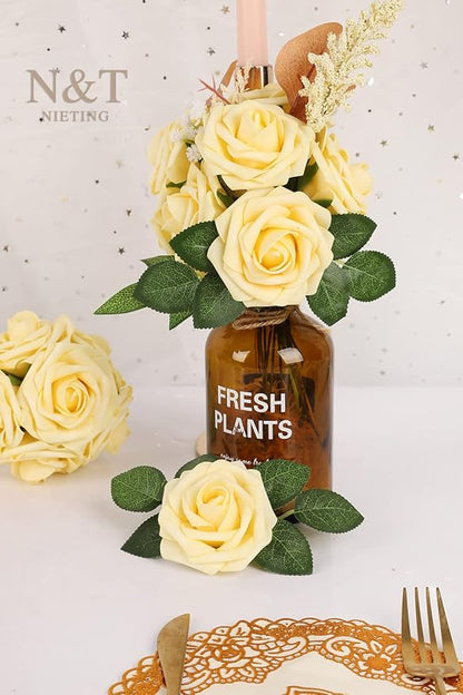 N&T NIETING Artificial Flowers, 25Pcs Fake Flowers Goose Yellow Roses Perfect for DIY Wedding Bouquets Centerpieces Bridal Shower Party Home Flower Arrangement Decorations