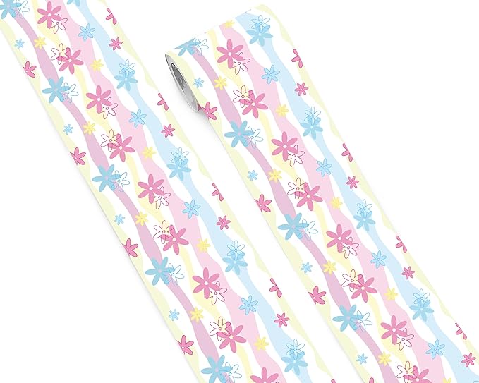 FLFK Wallpaper Border, Rainbow Flowers Peel and Stick Wall Border Self Adhesive Wall Paper Borders for Bedroom Living Room Girl's Room Kitchen Bathroom 5"x240"