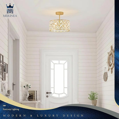 Gold Crystal Chandelier 4-Light, 12" Modern Drum Pendant Light, Small Semi Flush Mount Ceiling Light Fixture for Foyer, Entryway, Kitchen Island, Dining Room, Bedroom, Hallway