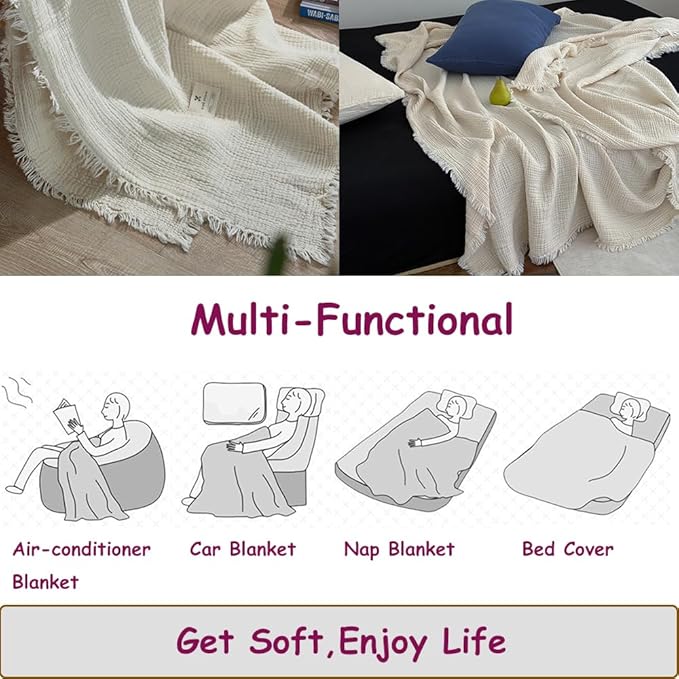 100% Cotton 4-Layer Muslin Blanket with Fringes, 50"x60", Beige Throw Blanket, Ultra-Soft Gauze Blanket, Boho Bedding for All Seasons, Breathable for Couch, Bed(Beige,Throw)