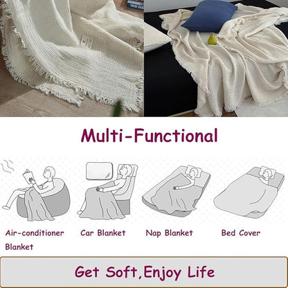 100% Cotton 4-Layer Muslin Blanket with Fringes, 50"x60", Beige Throw Blanket, Ultra-Soft Gauze Blanket, Boho Bedding for All Seasons, Breathable for Couch, Bed(Beige,Throw)