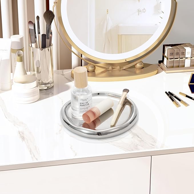 Silver Ceramic Round Jewelry Tray, Classic Round-Shaped Trinket Dish for Rings/Earrings/Keys/Perfume, Minimalist Vanity Tray & Key Tray Organizer, Gift for Mother’s Day/Birthday/Christmas