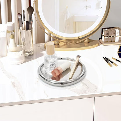 Silver Ceramic Round Jewelry Tray, Classic Round-Shaped Trinket Dish for Rings/Earrings/Keys/Perfume, Minimalist Vanity Tray & Key Tray Organizer, Gift for Mother’s Day/Birthday/Christmas