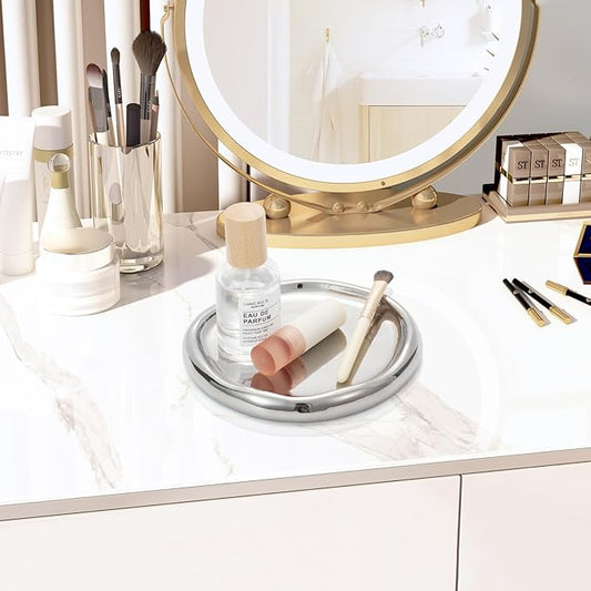 Silver Ceramic Round Jewelry Tray, Classic Round-Shaped Trinket Dish for Rings/Earrings/Keys/Perfume, Minimalist Vanity Tray & Key Tray Organizer, Gift for Mother’s Day/Birthday/Christmas