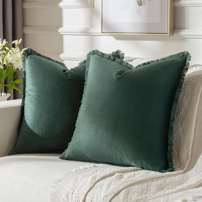 FUTEI Christmas Army Green Velvet Decorative Throw Pillow Covers 24x24 Set of 2,Soft Cozy Edge with Tassels European Cushion Case,Boho Modern Home Decor for Couch Bed Living Room