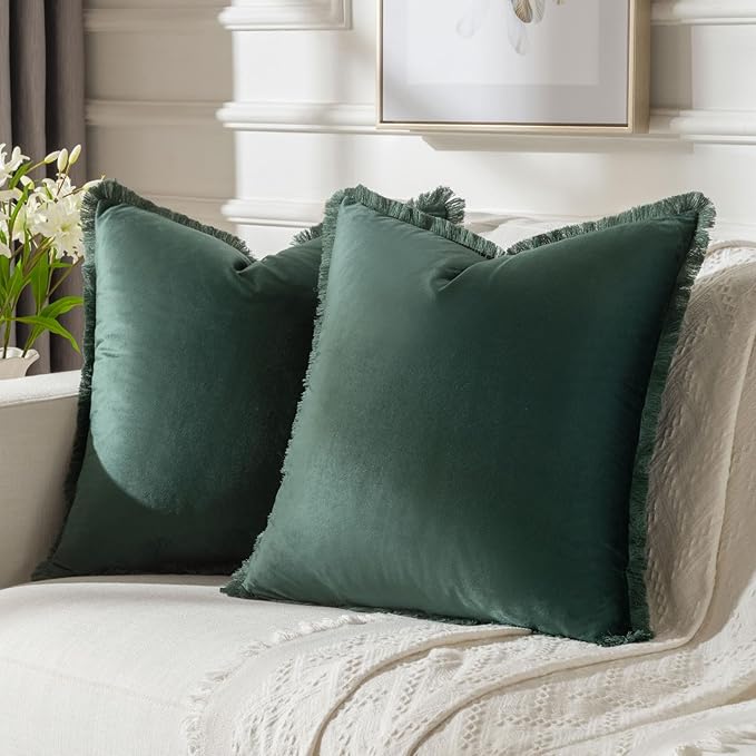 FUTEI Christmas Army Green Velvet Decorative Throw Pillow Covers 22x22 Set of 2,Soft Cozy Edge with Tassels Cushion Case,Boho Modern Home Decor for Couch Bed Living Room