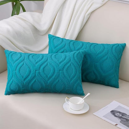 decorUhome Spring Throw Pillow Covers 12x20 Inch Set of 2, Soft Plush Faux Wool Teal Solid Couch Pillow Covers, Accent Farmhouse Neutral Square Pillow Cases for Sofa Bed Living Room