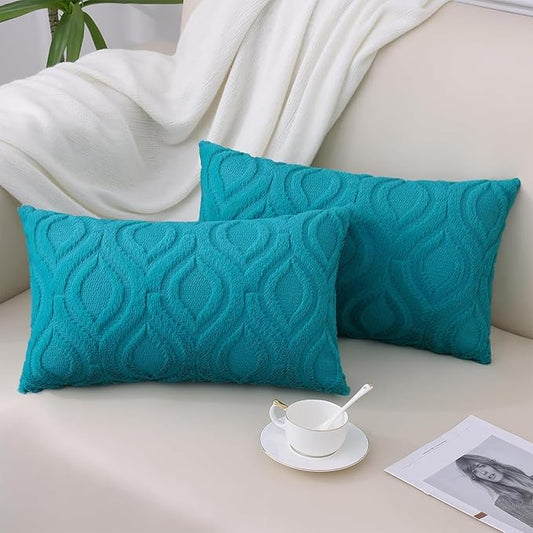 decorUhome Spring Throw Pillow Covers 12x20 Inch Set of 2, Soft Plush Faux Wool Teal Solid Couch Pillow Covers, Accent Farmhouse Neutral Square Pillow Cases for Sofa Bed Living Room
