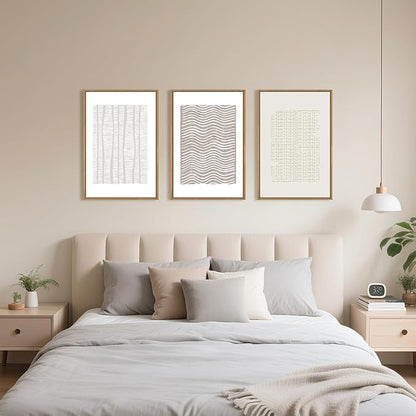 Large Abstract White and Beige Framed Canvas Wall Art,Geometric Dot and Line Wall Decor,Modern Wave Lines Artwork,Neutral Minimalist Shapes Art Print for Living Room,Bedroom,Office- 24"x36"x3