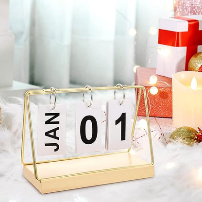 Perpetual Flip Calendar 2023 Wood Block Daily Calendar Metal Flip Christmas Countdown for Farmhouse Office Wedding Desktop Decor Golden