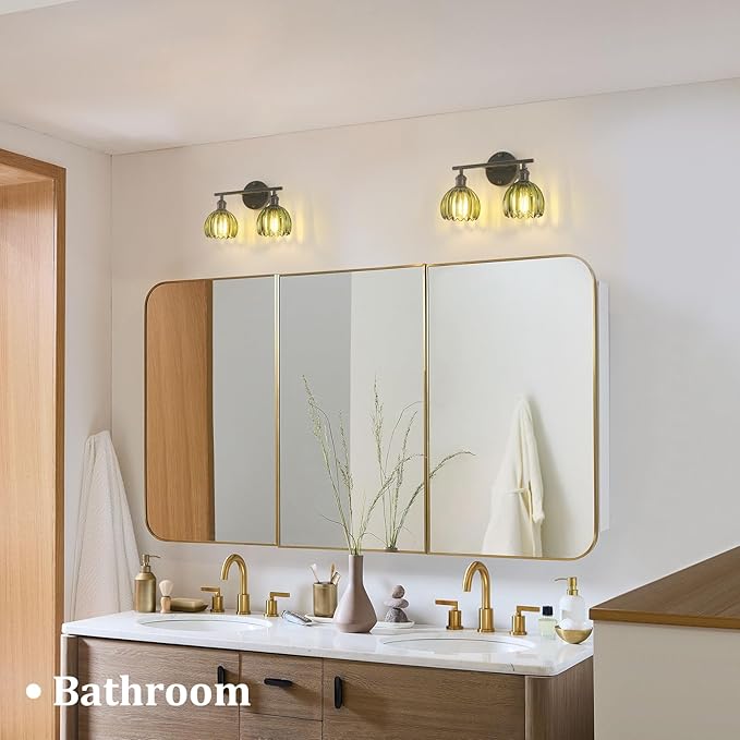 Bathroom Light Fixtures, 2-Light Black Vanity Wall Light Over Mirror with Green Tulip Glass Shade for Bedroom Living Room (Bulb Not Included)