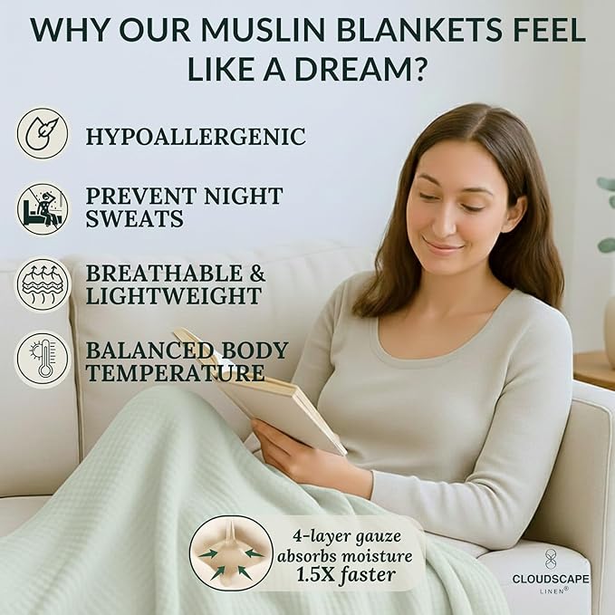 Luxury 100% Cotton Muslin Throw Blanket, 4 Layer Extra Large 50x70in, Perfect for Couch, Sofa, Home Decor, Soft Cotton Gauze Travel Blanket, Winter Cozy Throw, All Season Seafoam