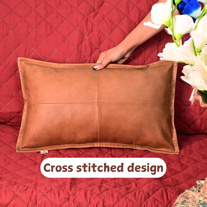100% Lambskin Leather Pillow Cover - Sofa Cushion Case - Decorative Throw Covers for Living Room & Bedroom, 18X26 Inch - Gold Antique Box Pack of 2