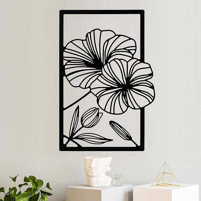 Cunno 4 Pcs Metal Wall Art 16.5 x 11.8'' Line Art Wall Decor Floral Minimalist Decor Hanging Flower Aesthetic Modern for Living Room Bedroom Bathroom Kitchen Decoration(Black)