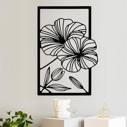 Cunno 4 Pcs Metal Wall Art 16.5 x 11.8'' Line Art Wall Decor Floral Minimalist Decor Hanging Flower Aesthetic Modern for Living Room Bedroom Bathroom Kitchen Decoration(Black)