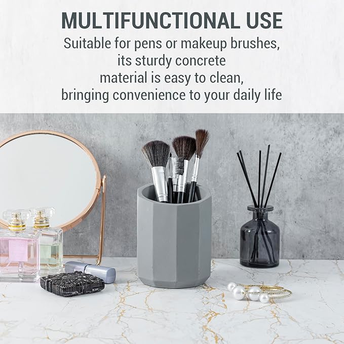 MyGift Pen Holder Pencil Holder For Desk Desktop Pen Cup Holder Gray Concrete 3.5 Inch Round Modern Office Desk Organizer