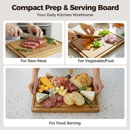 Acacia Wood Cutting Board for Kitchen - 13"x10" Everyday Chopping Board with Handles and Juice Grooves, Soild Wood Serving Tray for Cheese & Meat, Ideal Gift for Housewarming & Christmas