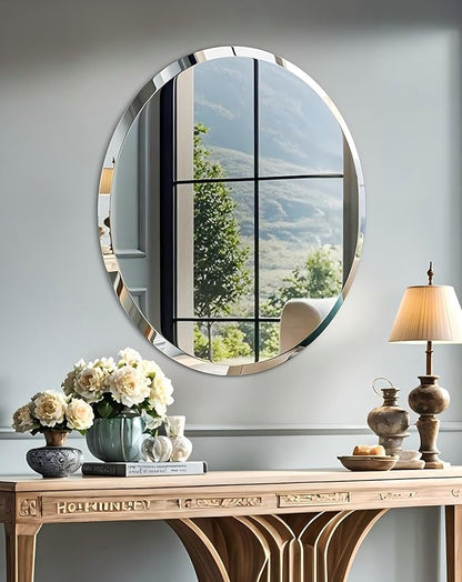 Frameless Round Wall Mirror: Decorative Mirrored Glass Vanity with Beveled Silver Edge for Bathroom Bedroom Livingroom Dining Room Entryway Hallway, 36 x 36 inch