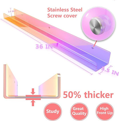 36 inches Iridescent Acrylic Floating Shelf,Wall Mounted Kids Bookshelf, Display Book Shelves for Kids Nursery Toddler Classroom 2 Packs