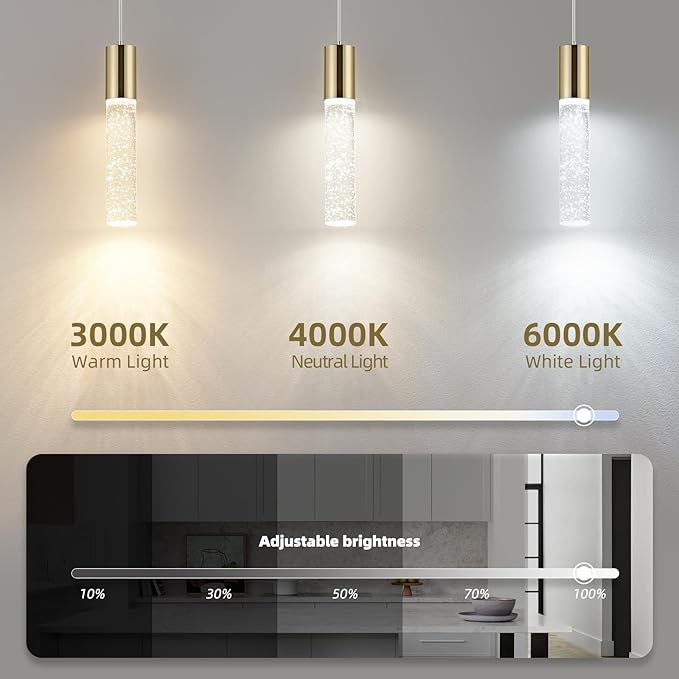 OKELI Modern Pendant Light,3 Color LED Bubble Crystal Island Light Fixtures,Gold Mini 3CCT Pendant Lighting for Kitchen Island,Bar,6W,3000-6000K,ETL