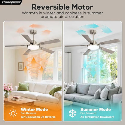 52 Inch Ceiling Fans with Lights and Remote for Bedroom Living Room Kitchen Office, Indoor/Outdoor Use, 5CCT Dimmable, 5 Blades, 6 Speed Reversible Quiet DC Motor, Sand-nickel/Wood Grain