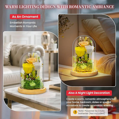 Preserved Flowers Gifts for Women Eternal Rose In Glass Dome Light Up Flower Real Rose Eternal Flowers for Decoration Long Lasting Forever Preserved Glitter Roses Unique Gift on All Occasions(Yellow)