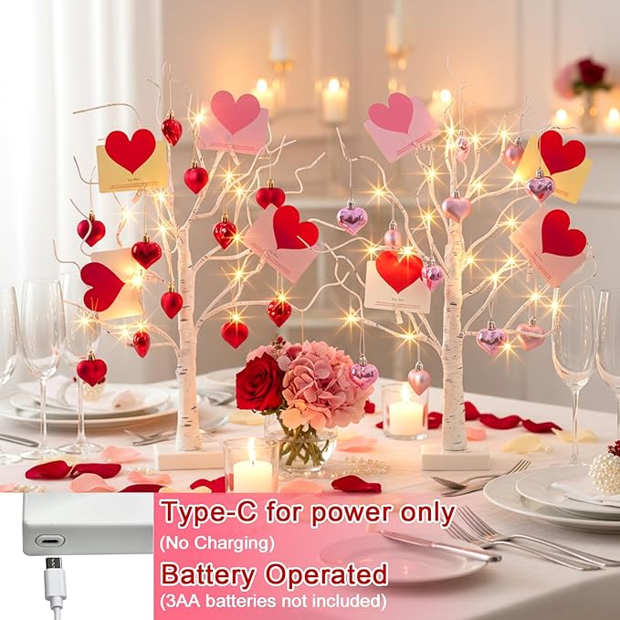 PEIDUO Valentine's Day Decorations, Set of 2 Gift Card Tree with 24 Hanging Heart Ornaments, for Home Indoor Bedroom Anniversary Wedding Party Decor, 6H/18H Timer