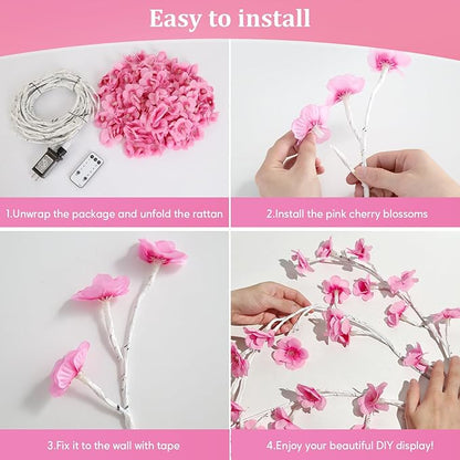 Cherry Blossom Lights with Remote, 7.5 Ft 144 Flowers Enchanted Willow Vine Lights, 18 Branches 144 LEDs Lighted Willow Vine Tree Lights for Walls Bedroom Home Room Decor, White Branch