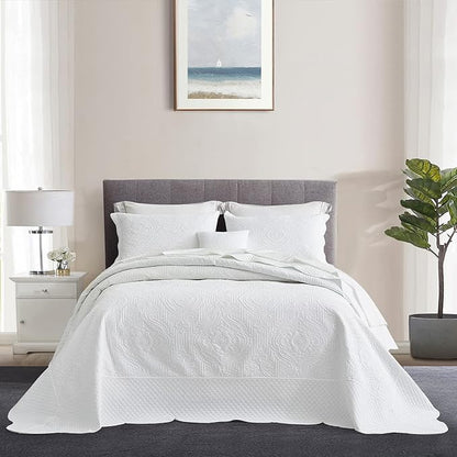 HZ & HY Oversized King Bedspread, Ultrasonic Coverlet Bedding Set, Lightweight Thin Comforter, Reversible, 5 Piece, 100% Microfiber, White