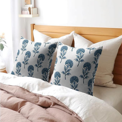 Blue Floral Pillow Covers 16x16 Set of 2 Blue and White Block Print Pattern Rustic Spring Flower Decorative Outdoor Farmhouse Pillowcases Decorations Throw Cushion Cover Decor for Couch Sofa Bed