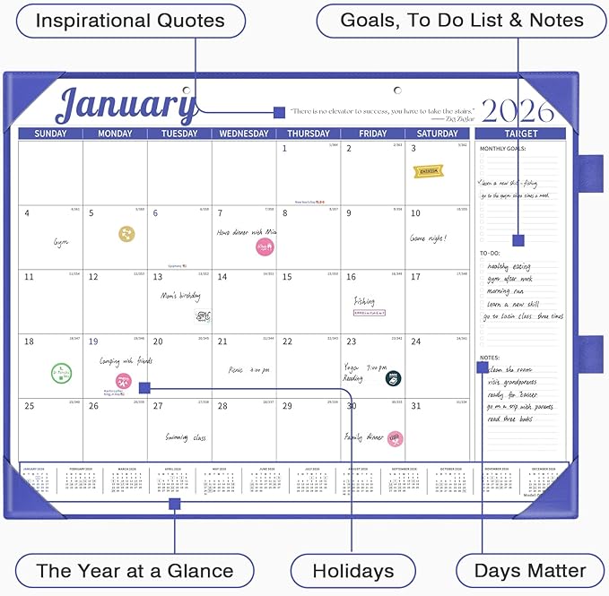 Ospelelf Large Desk Calendar 2026-2027 with PU Leather Pad, 18 Months Planner Pad from January 2026 - June 2027, 22" x 17" Wall Calendar with Protective Cover for Home or Office, Blue