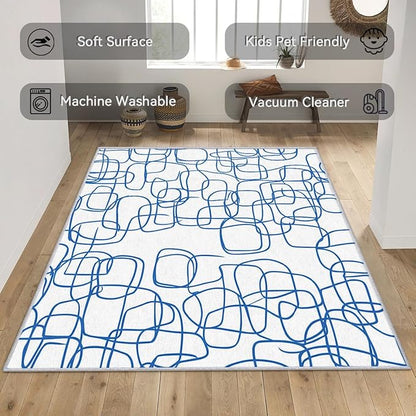 Abstract Rugs - Abstract Contemporary Rug, 4x6 Rug, Minimalist Boho Blue and White Line Art Area Rug & Room Decor, Modern Carpet & Home Decor, Washable Non Slip Anti Skid Rugs