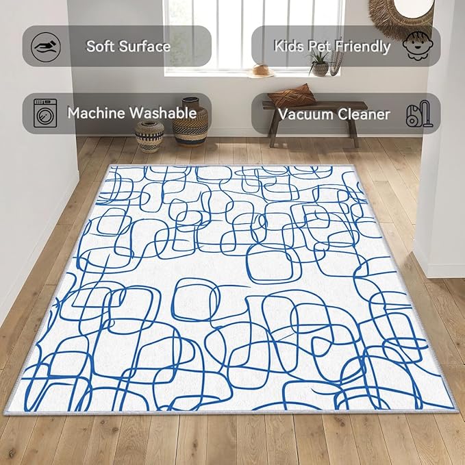 Abstract Rugs - Abstract Contemporary Rug, 4x5 Rug, Minimalist Boho Blue and White Line Art Area Rug & Room Decor, Modern Carpet & Home Decor, Washable Non Slip Anti Skid Rugs