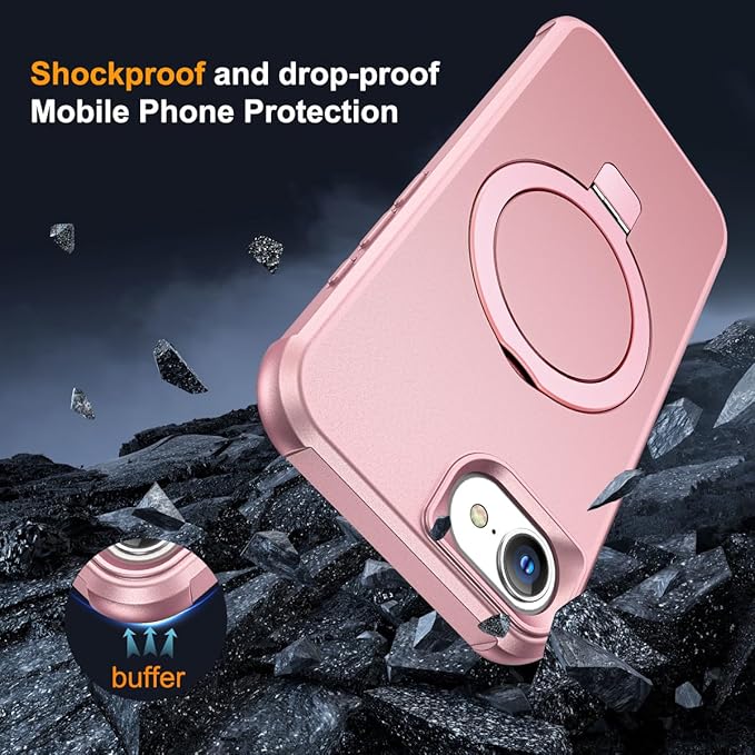 Compatible with iPhone 16E Case with Invisible Magnetic O-Ring Stand Military-Grade Case for iPhone 16E 6.1" 2025 [Compatible with Mag-Safe][Great Grip Feeling], Rose Gold