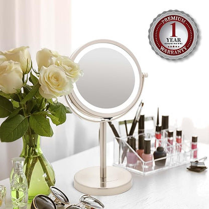 OVENTE Lighted Vanity Mirror 6 Inch Table Top 1X 7X Magnification LED 360 Adjustable Double Sided Spinning Personal Makeup Stand Desk Bathroom Battery Powered Round Large Nickel Brushed MLT60BR1X7X