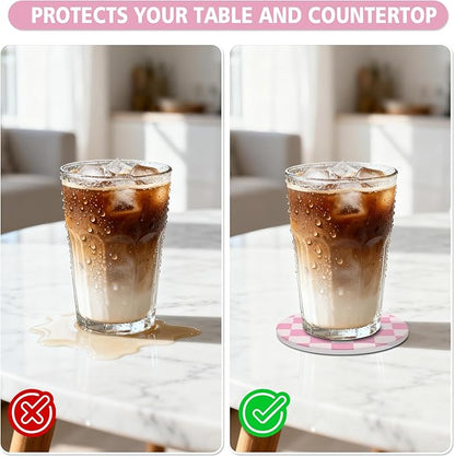 2 Pack Ceramic Absorbent Coasters for Drinks, Heat Resistant Drink Coasters for Desk, Pink Coaster Set for Coffee Table, Non-Slip Cup Coaster with Cork Backing, Posavasos for Kitchen Home Decor Gifts