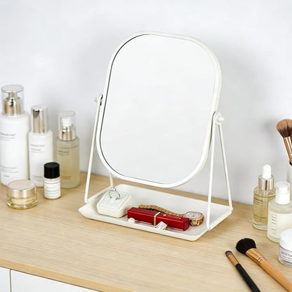 Rotating Metal Makeup Mirror with Storage, Vanity Mirror for Desk, Bathroom, Bedroom, Dressing Table (White)