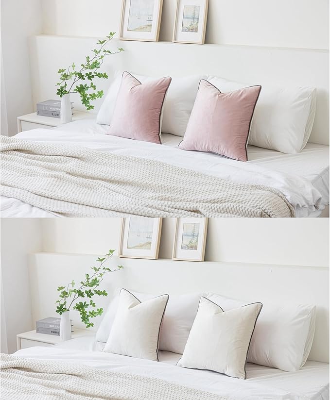 LIGICKY Pink and Cream White Velvet Throw Pillow Covers 18x18 inch, Set of 2 Modern Double-Sided Design, Soft Square Decorative Cushion Cases with Grey Rope Edging for Home Decor