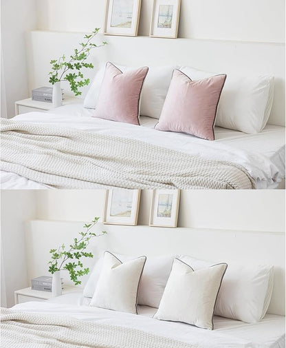 LIGICKY Pink and Cream White Velvet Throw Pillow Covers 18x18 inch, Set of 2 Modern Double-Sided Design, Soft Square Decorative Cushion Cases with Grey Rope Edging for Home Decor