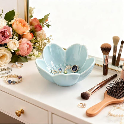 Flower Ring Dish Jewelry Tray, Ceramic Jewelry Dish, Cute Small Trinket Tray, Nightstand Bathroom Decor Ring Holder, Jewlery Plate Bowl for Christmas Friendship Birthday Gifts for Women Mom