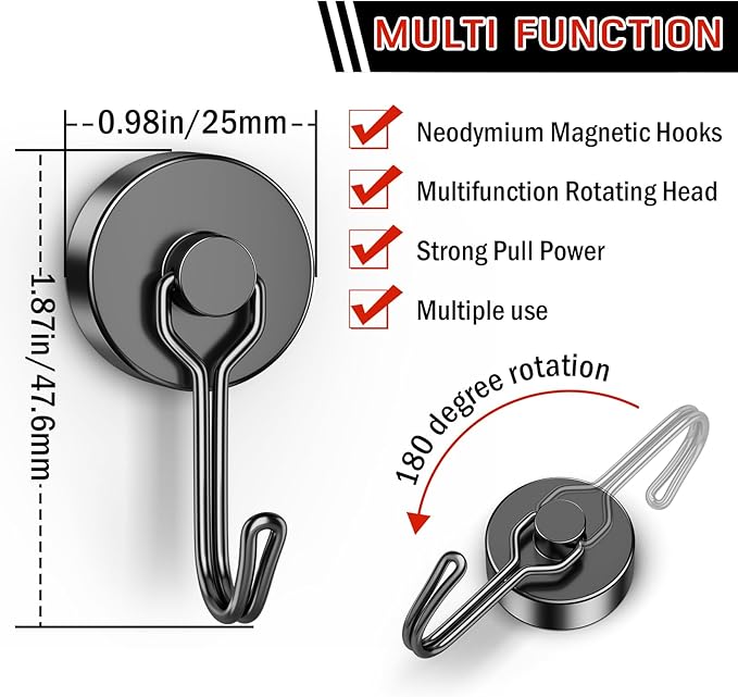 FINDMAG Strong Magnetic Hooks, 60lb+ Magnetic Hooks for Cruise Cabins, Rare Earth Magnet with Hook for Fridge, Magnetic Hook for Hanging Heavy Duty, Magnetic Hangers for Locker, Toolbox, Wall, Home
