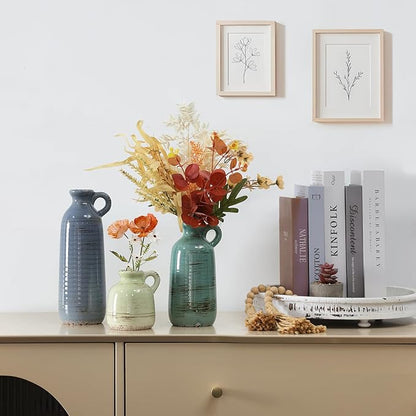 Ceramic Vase Set of 3, Vase with Handle, Modern Farmhouse Vases for Pampas Grass & Dried Flowers, Flower Vase for Table Living Room Home Decor-Multicolor