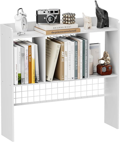 Desktop Bookshelf,Countertop Storage Hutch with 3 Shelves for Computer Desk，2-Tier Display Rack with Grid Panel, Multipurpose Wood Desk Hutch Storage Organizer for Home Office Dorm (White)