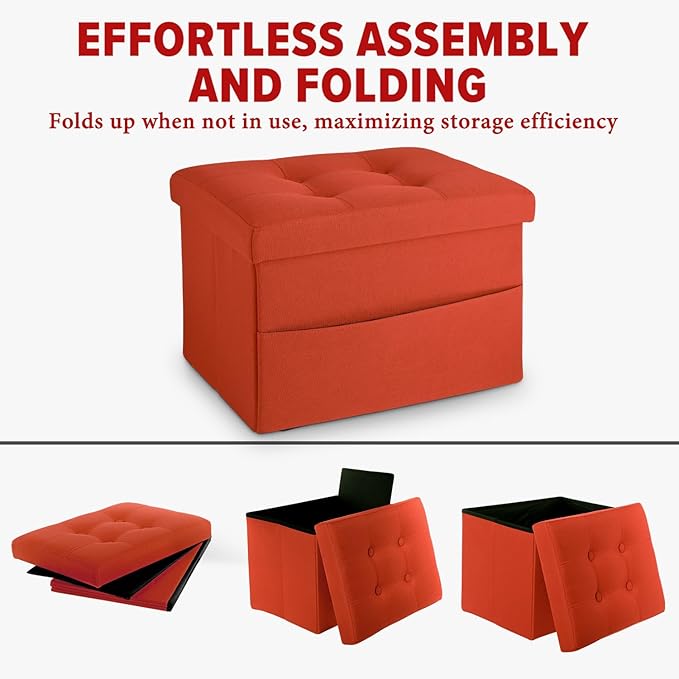LINMAGCO Storage Ottoman Folding Foot Stool Foot Rest with Side Pocket Modern Ottoman with Storage Short Sofa Stool Linen Cloth 17x13x13(Orange)