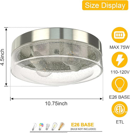 Kalium Flush Mount Ceiling, 2-Light Farmhouse Ceiling Mount with Seeded Glass Lampshade, Industrial Flush
