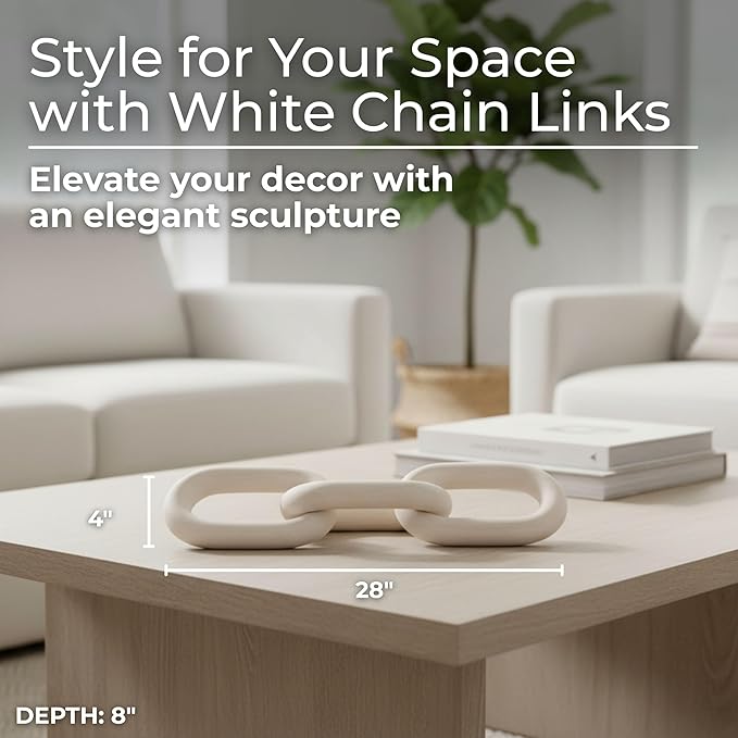 Wooden Chain Link Sculpture for Home Decor - Accent Display for Bathroom, Office, and Living Room - Handcrafted Link for Shelf Styling - Modern Room Coffee Table Decor Ornament, 4", White