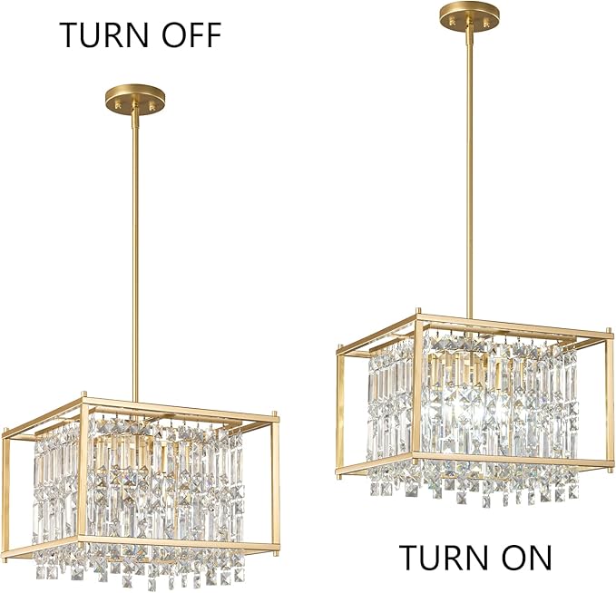 LMQNINE Modern Foyer Chandelier, Gold Crystal Chandelier Entryway Pendant Light Fixture, Square Adjustable Height Chandeliers for Kitchen Island, L15.74'' x H9.84''